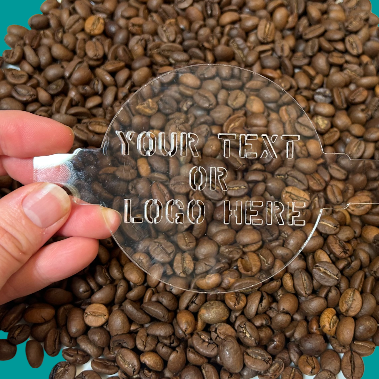 Coffee stencil help above coffee beans, inviting you to add your text or logo here.