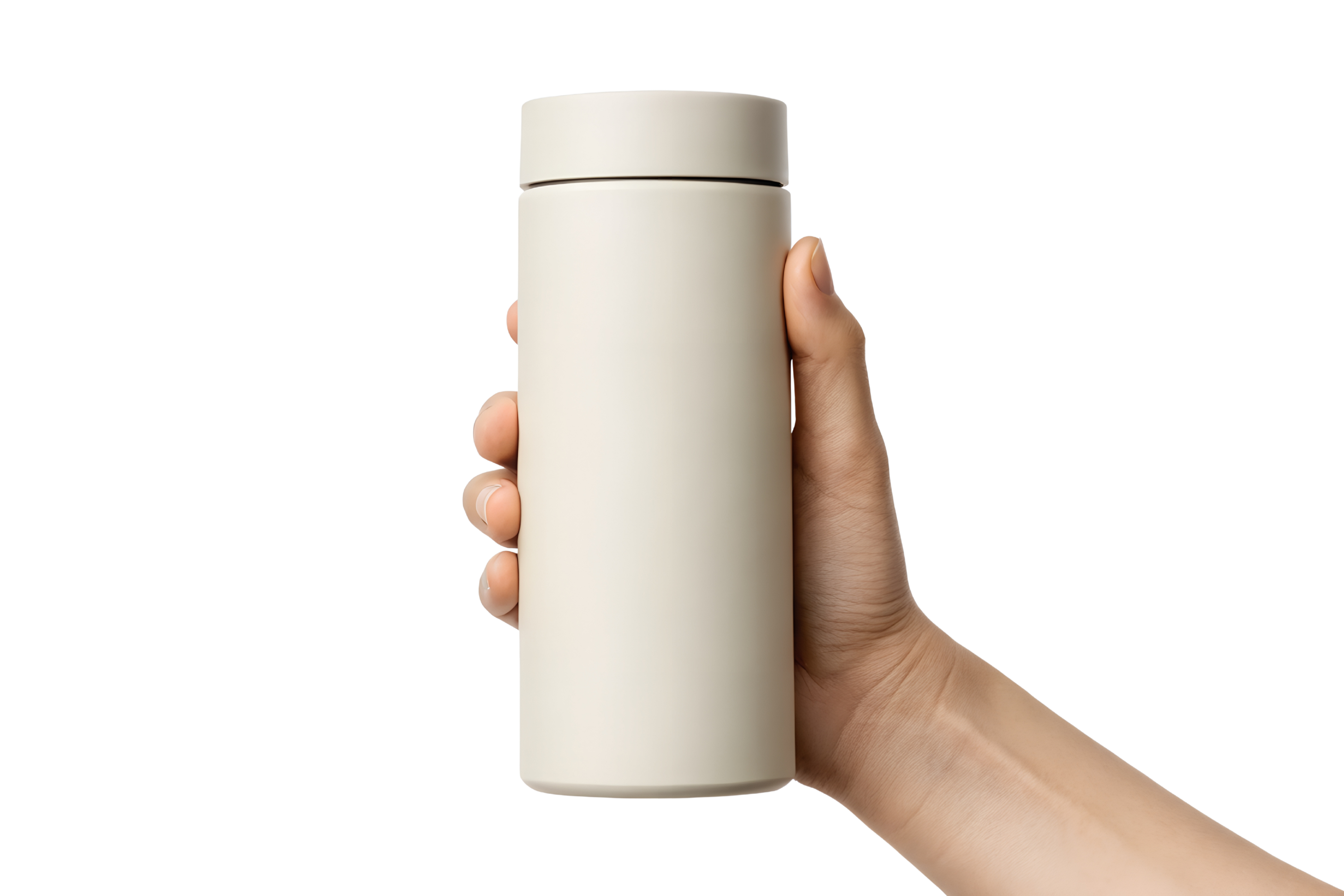 Hand holding a cream colored insulated water bottle against a black background.png