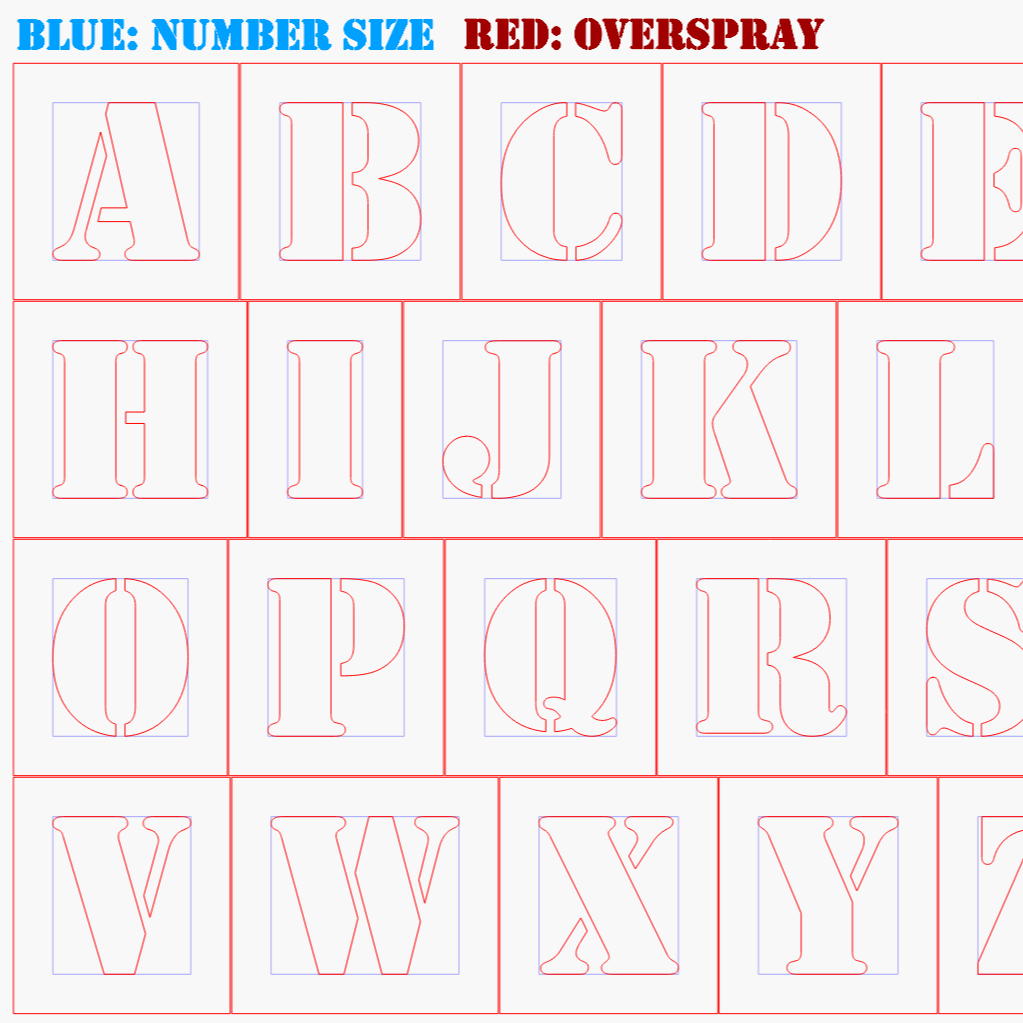 Letter stencils from A-Z and Number Stencils in all sizes.