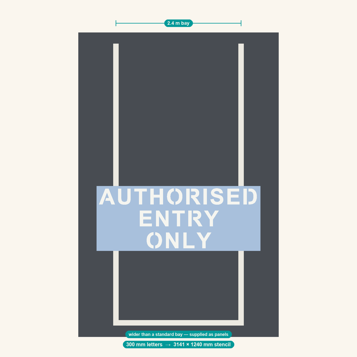 AUTHORISED ENTRY ONLY stencil at 300 mm letters shown to scale in a standard 2.4 m car park bay