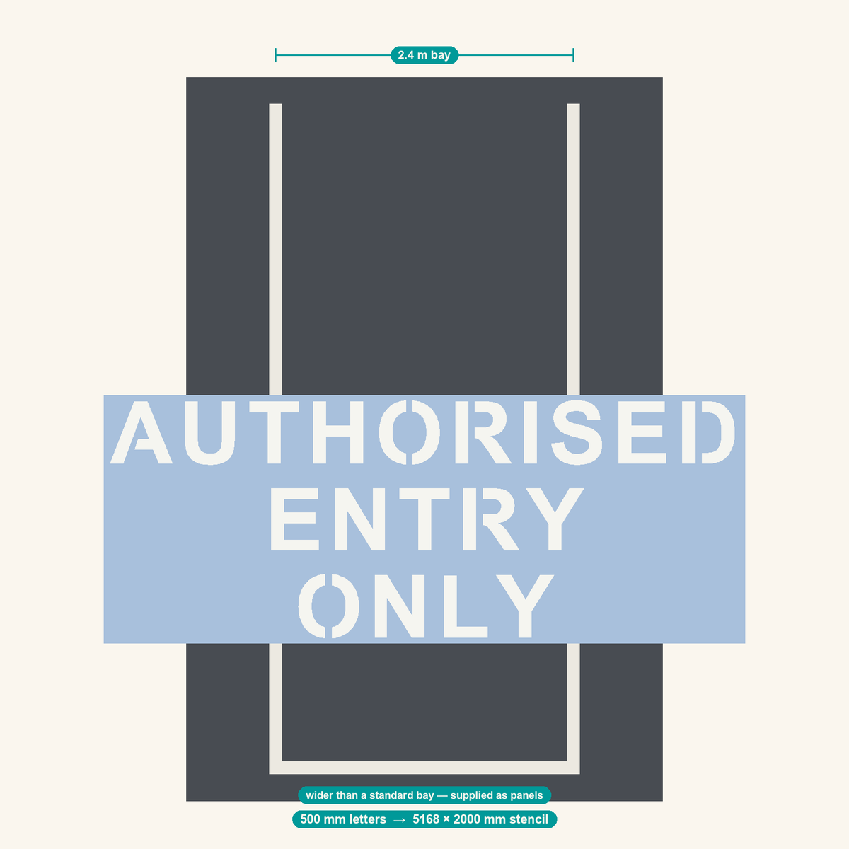 AUTHORISED ENTRY ONLY stencil at 500 mm letters shown to scale in a standard 2.4 m car park bay