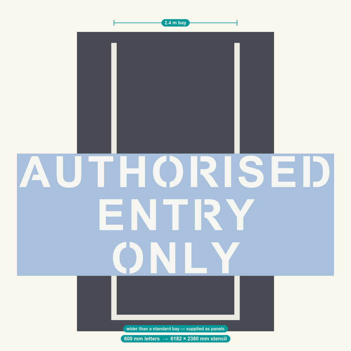 AUTHORISED ENTRY ONLY stencil at 600 mm letters shown to scale in a standard 2.4 m car park bay