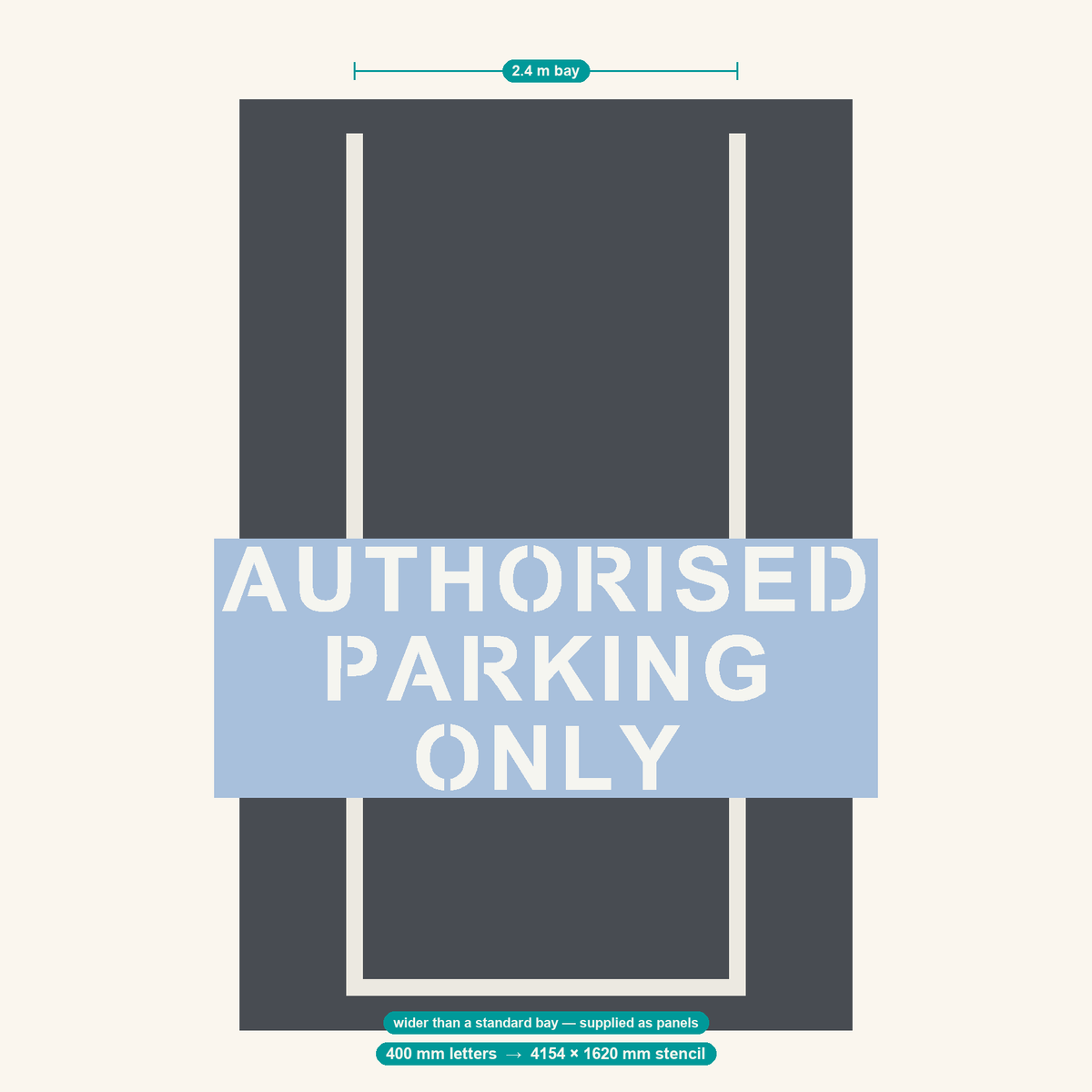 AUTHORISED PARKING ONLY stencil at 400 mm letters shown to scale in a standard 2.4 m car park bay