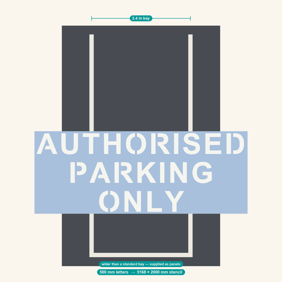 AUTHORISED PARKING ONLY stencil at 500 mm letters shown to scale in a standard 2.4 m car park bay