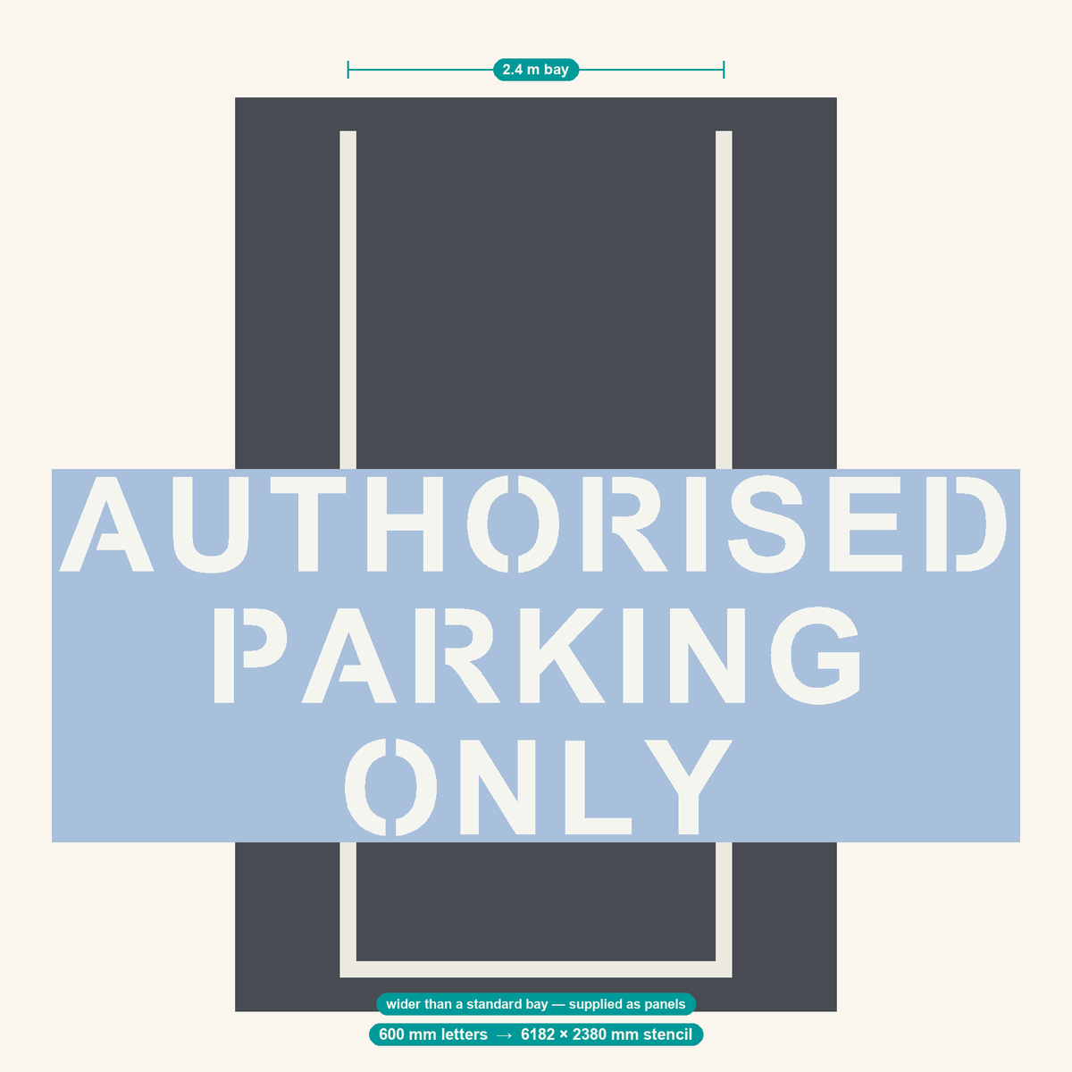 AUTHORISED PARKING ONLY stencil at 600 mm letters shown to scale in a standard 2.4 m car park bay