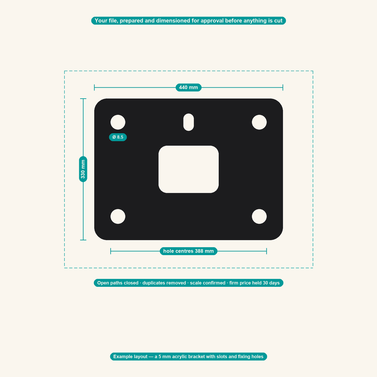 Custom laser cutting setup and proof — an example dimensioned layout sent for approval