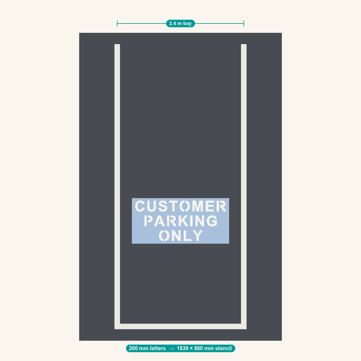 CUSTOMER PARKING ONLY stencil at 200 mm letters shown to scale in a standard 2.4 m car park bay