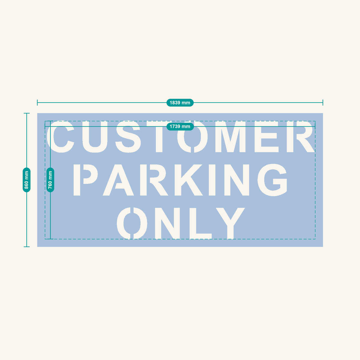 CUSTOMER PARKING ONLY stencil, 200 mm letters — finished sheet 1839 × 860 mm