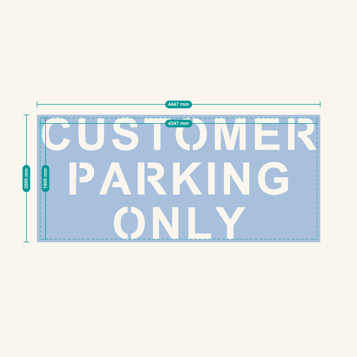 CUSTOMER PARKING ONLY stencil, 500 mm letters — finished sheet 4447 × 2000 mm