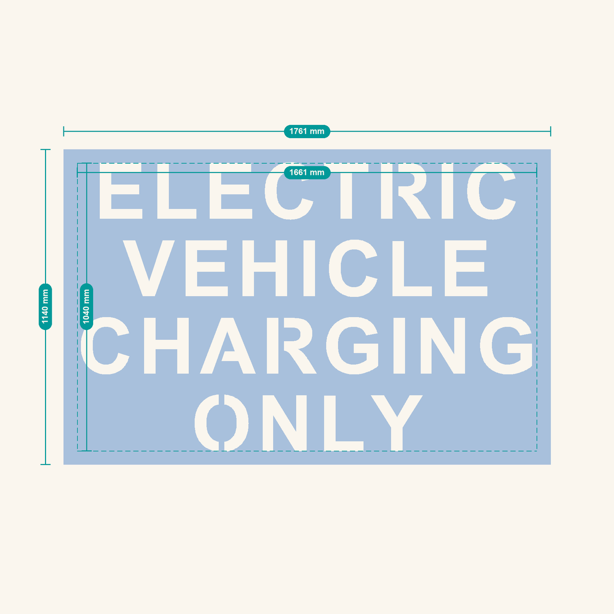 ELECTRIC VEHICLE CHARGING ONLY stencil, 200 mm letters — finished sheet 1761 × 1140 mm