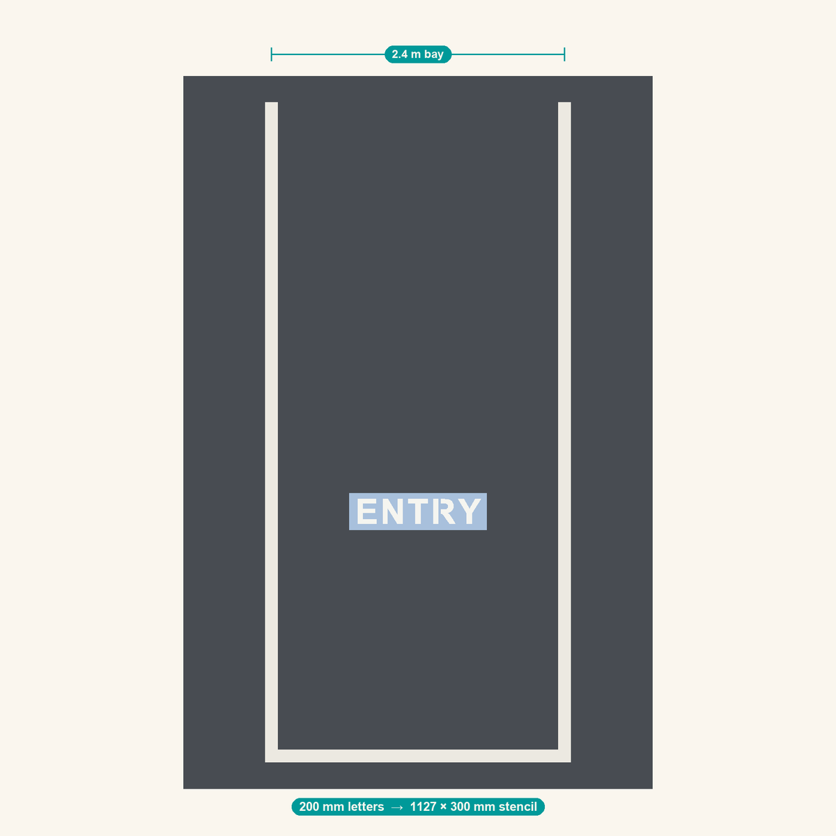 ENTRY stencil at 200 mm letters shown to scale in a standard 2.4 m car park bay