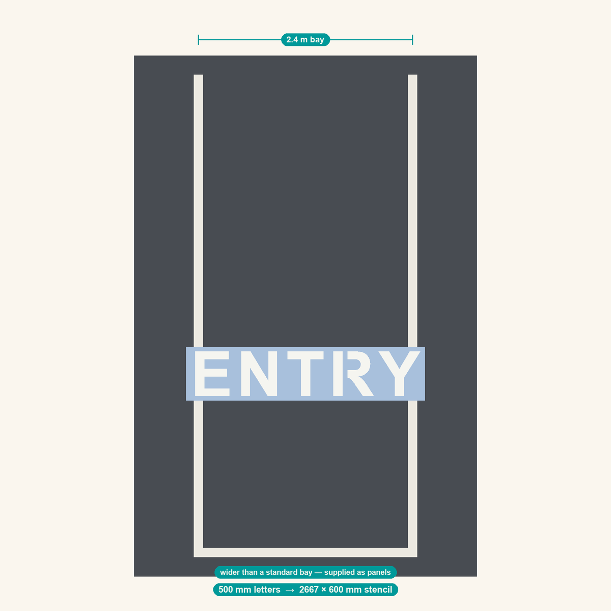 ENTRY stencil at 500 mm letters shown to scale in a standard 2.4 m car park bay