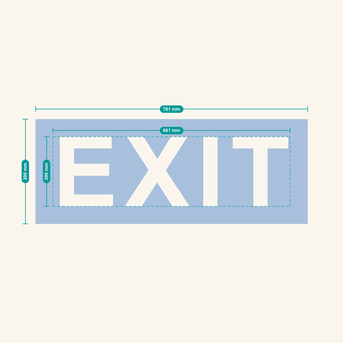 EXIT stencil, 200 mm letters — finished sheet 781 × 300 mm