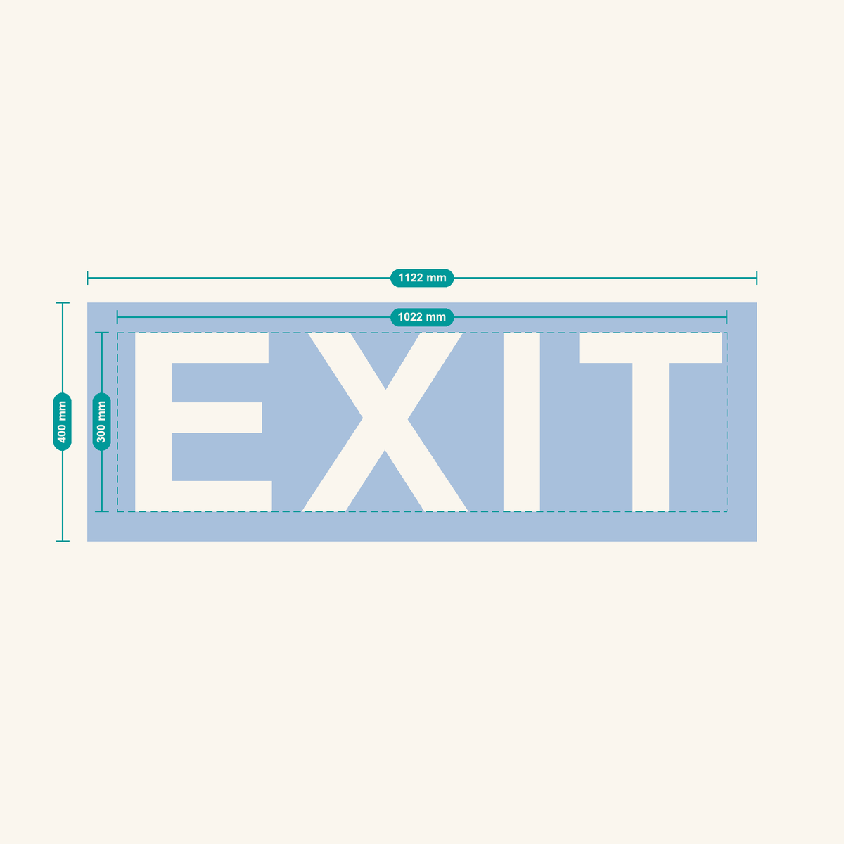EXIT stencil, 300 mm letters — finished sheet 1122 × 400 mm