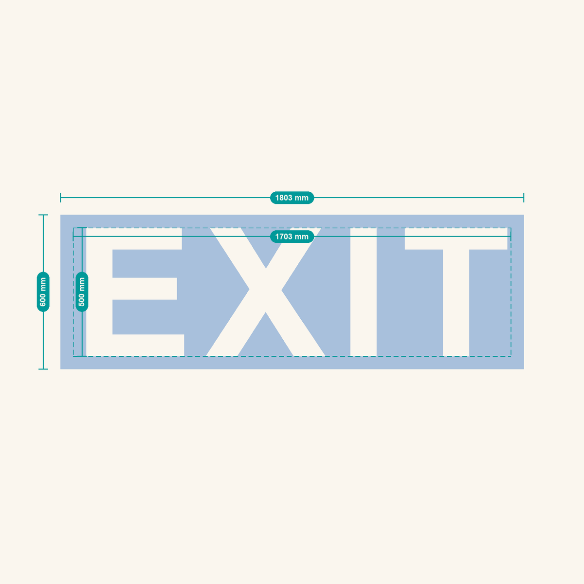 EXIT stencil, 500 mm letters — finished sheet 1803 × 600 mm