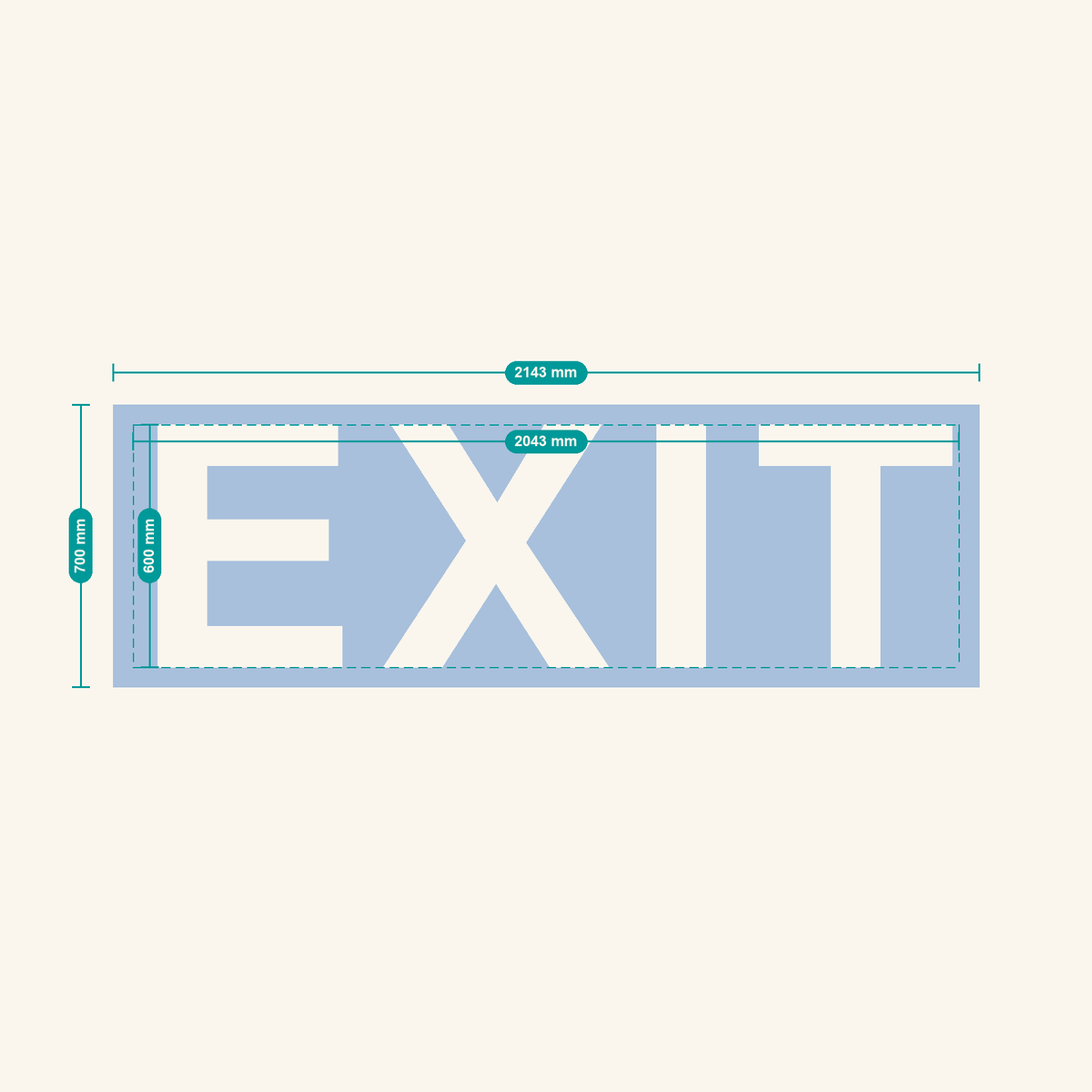 EXIT stencil, 600 mm letters — finished sheet 2143 × 700 mm