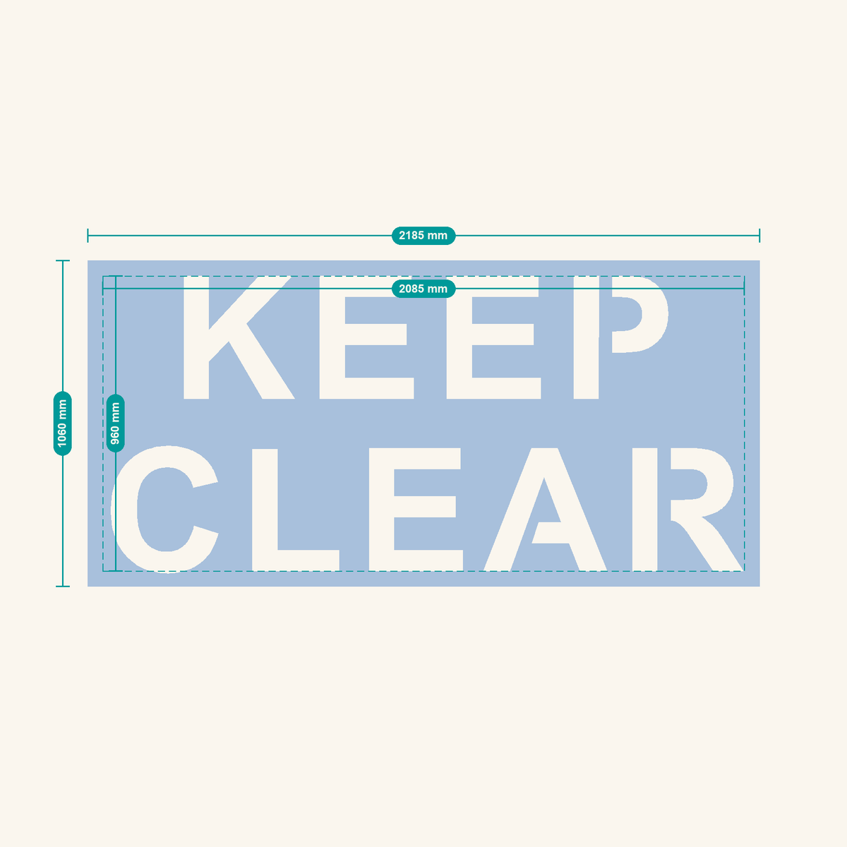 KEEP CLEAR stencil, 400 mm letters — finished sheet 2185 × 1060 mm