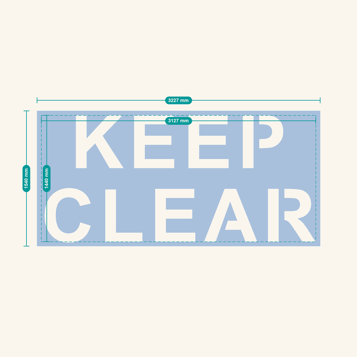 KEEP CLEAR stencil, 600 mm letters — finished sheet 3227 × 1540 mm