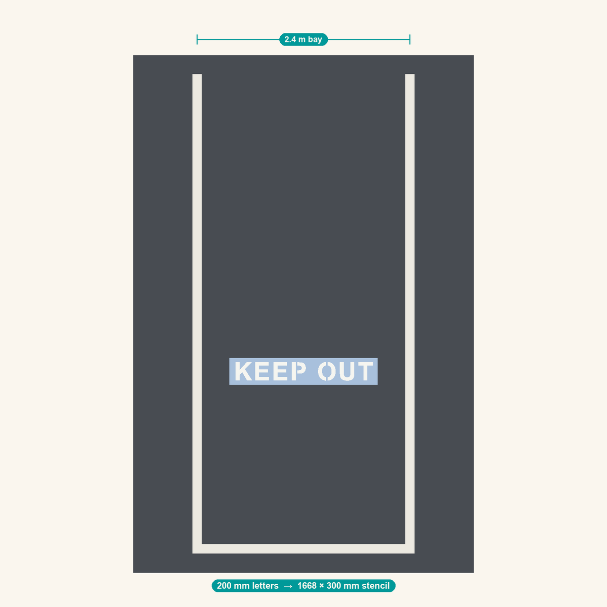 KEEP OUT stencil at 200 mm letters shown to scale in a standard 2.4 m car park bay