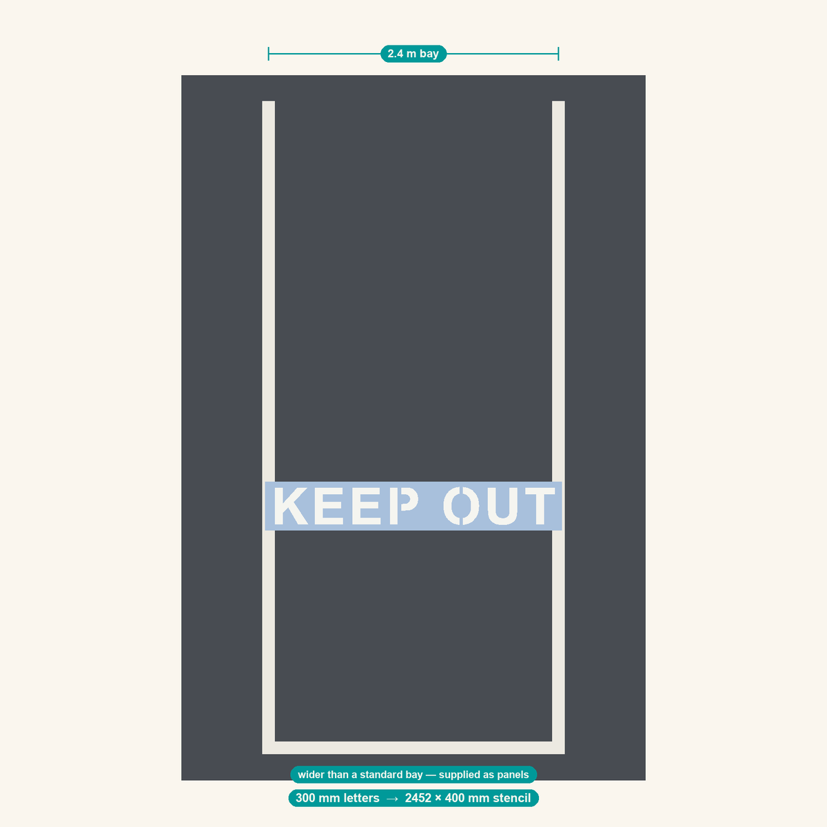 KEEP OUT stencil at 300 mm letters shown to scale in a standard 2.4 m car park bay