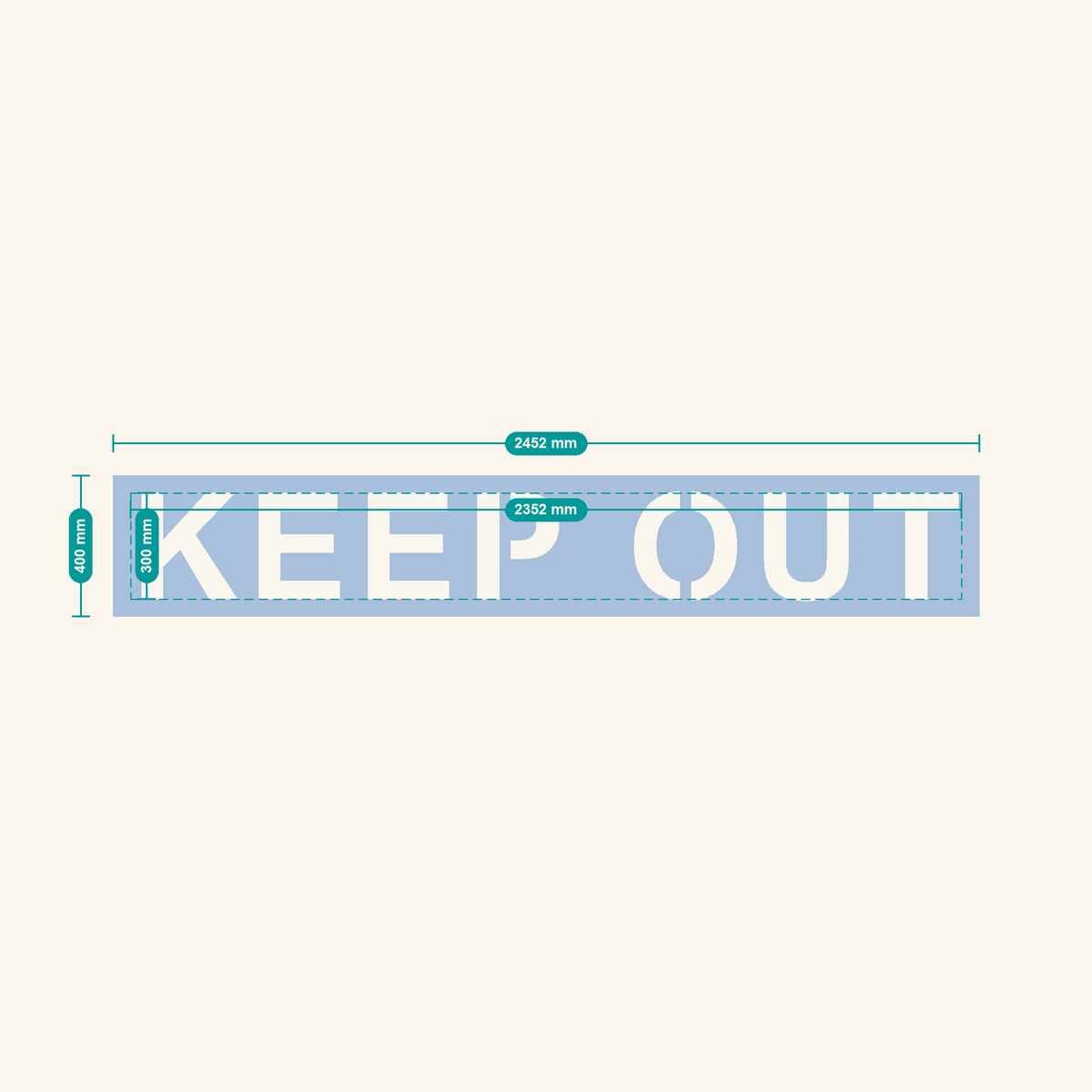 KEEP OUT stencil, 300 mm letters — finished sheet 2452 × 400 mm