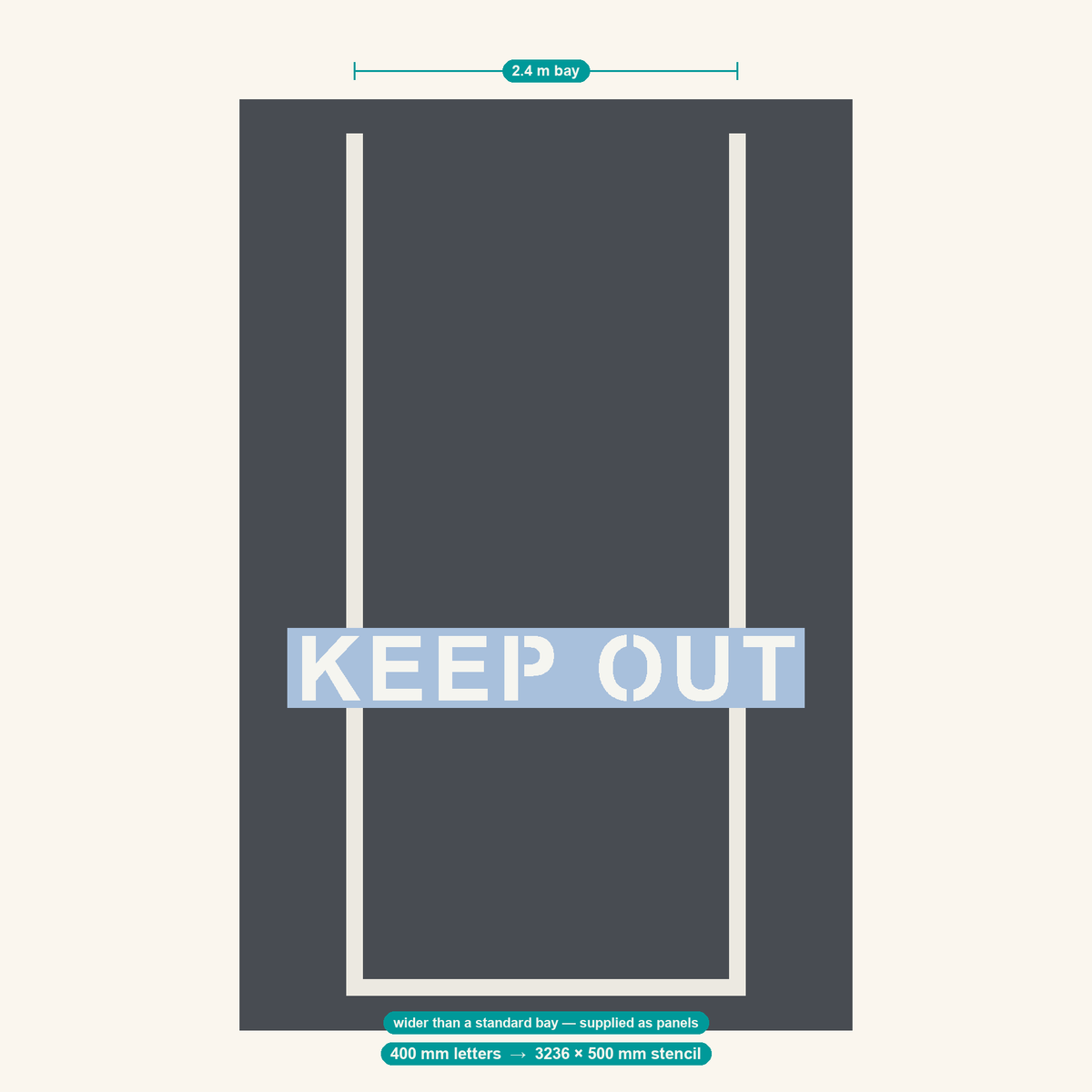 KEEP OUT stencil at 400 mm letters shown to scale in a standard 2.4 m car park bay