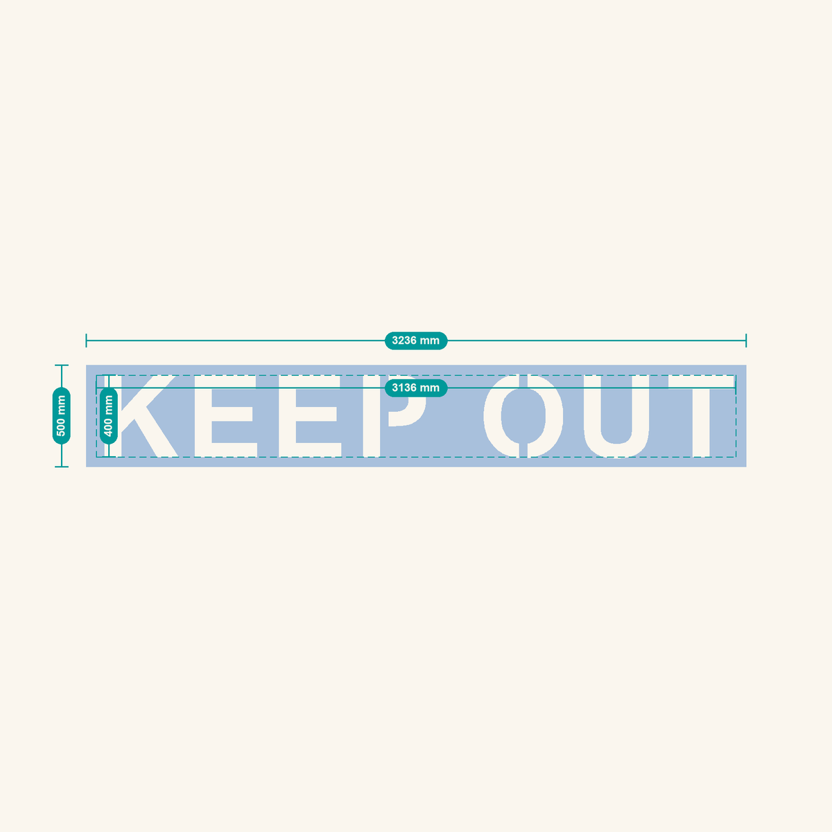 KEEP OUT stencil, 400 mm letters — finished sheet 3236 × 500 mm