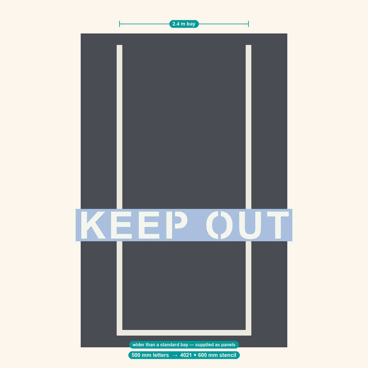 KEEP OUT stencil at 500 mm letters shown to scale in a standard 2.4 m car park bay