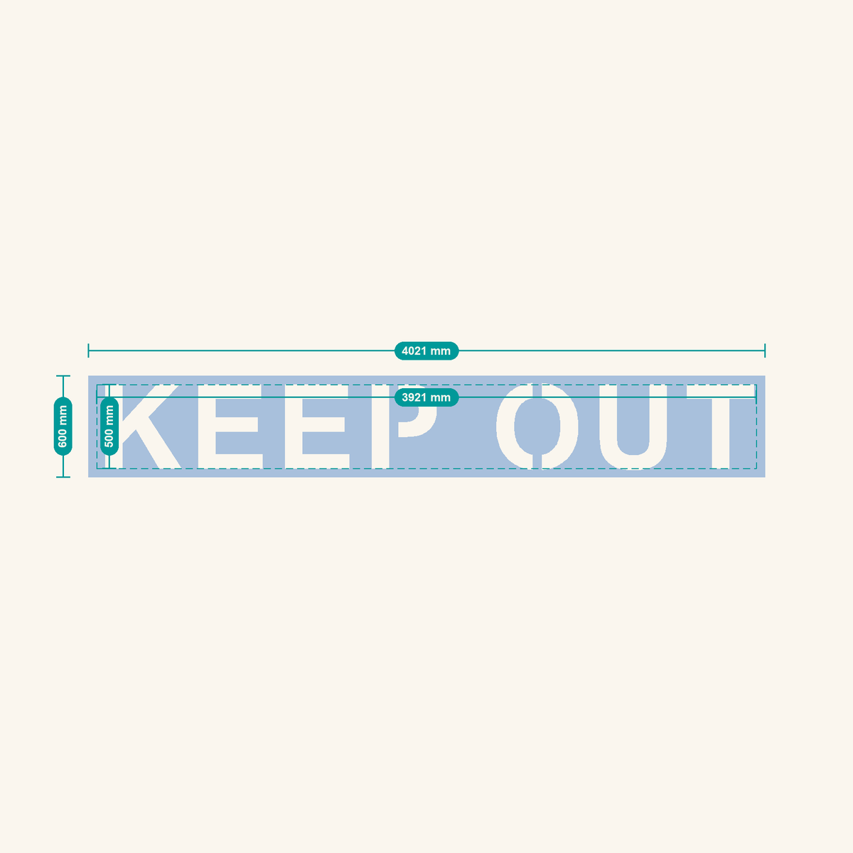 KEEP OUT stencil, 500 mm letters — finished sheet 4021 × 600 mm