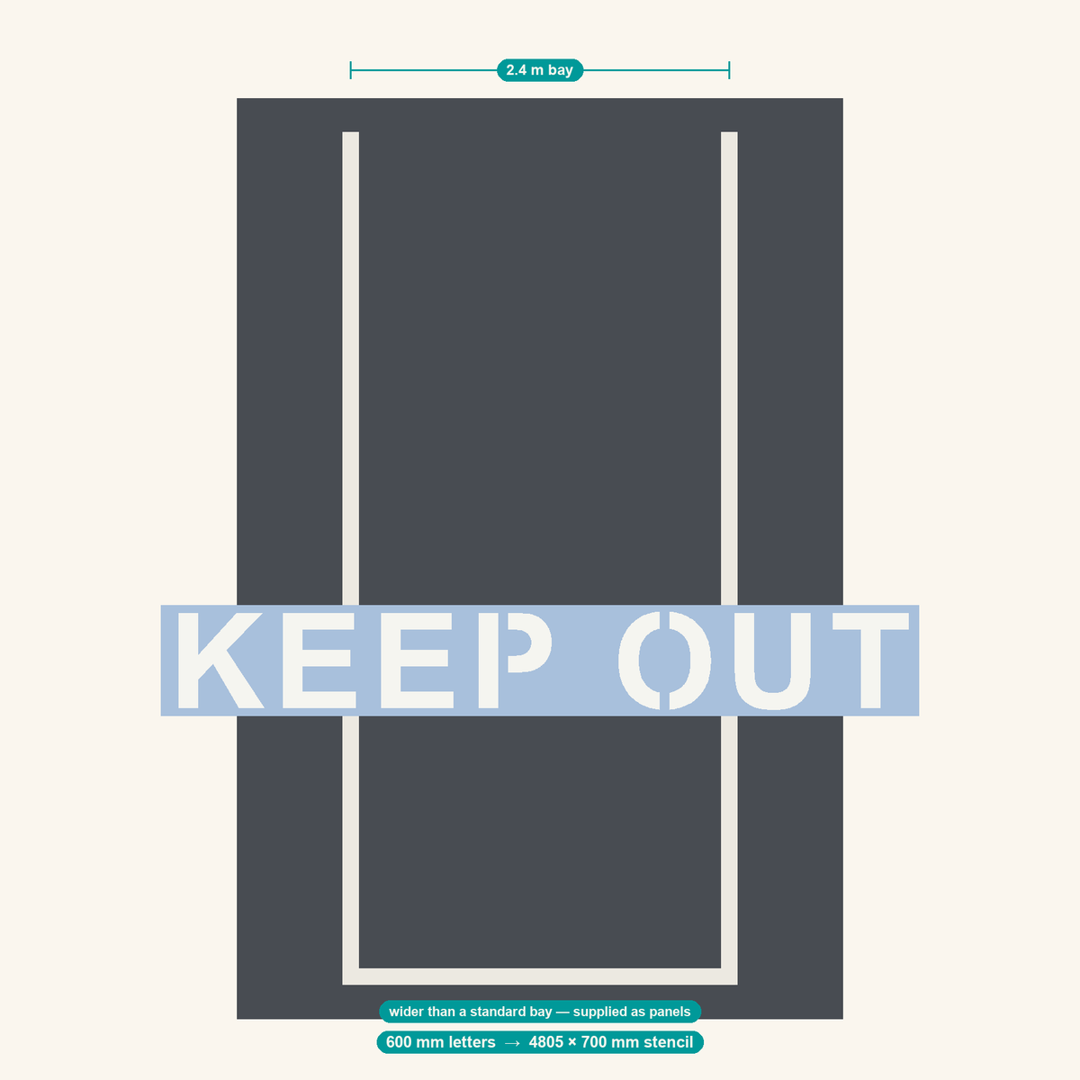 KEEP OUT stencil at 600 mm letters shown to scale in a standard 2.4 m car park bay