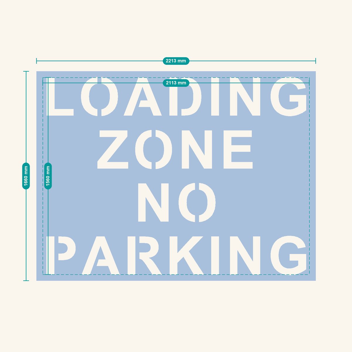 LOADING ZONE NO PARKING stencil, 300 mm letters — finished sheet 2213 × 1660 mm
