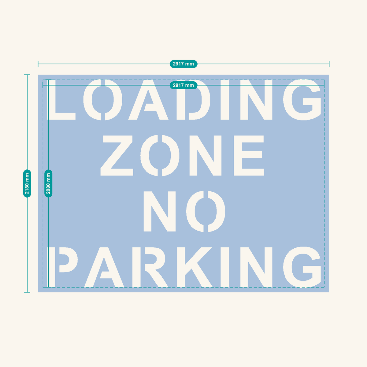 LOADING ZONE NO PARKING stencil, 400 mm letters — finished sheet 2917 × 2180 mm