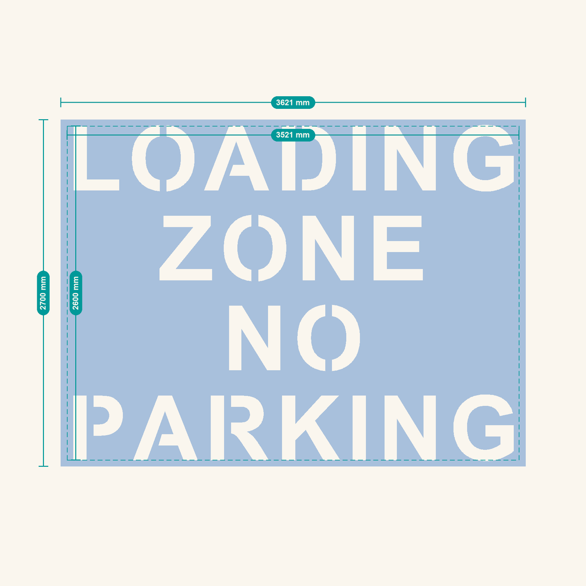 LOADING ZONE NO PARKING stencil, 500 mm letters — finished sheet 3621 × 2700 mm