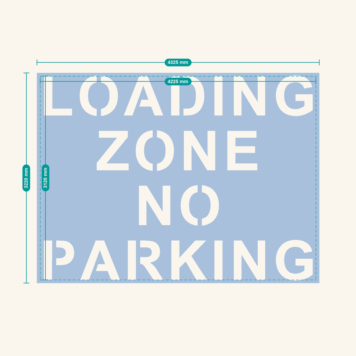 LOADING ZONE NO PARKING stencil, 600 mm letters — finished sheet 4325 × 3220 mm