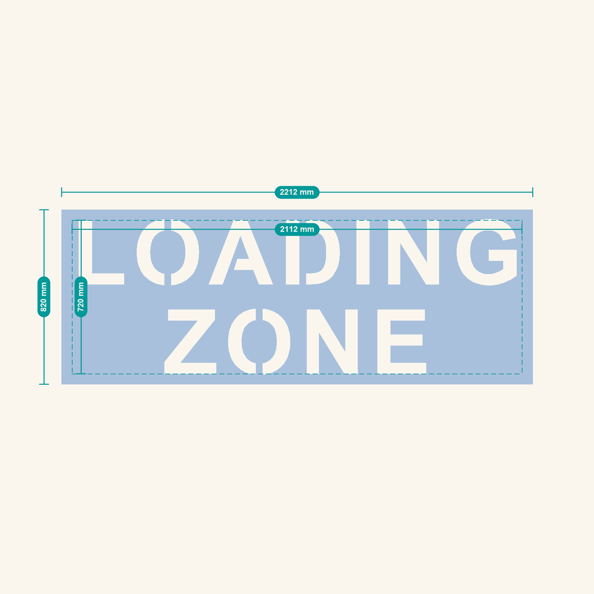 LOADING ZONE stencil, 300 mm letters — finished sheet 2212 × 820 mm
