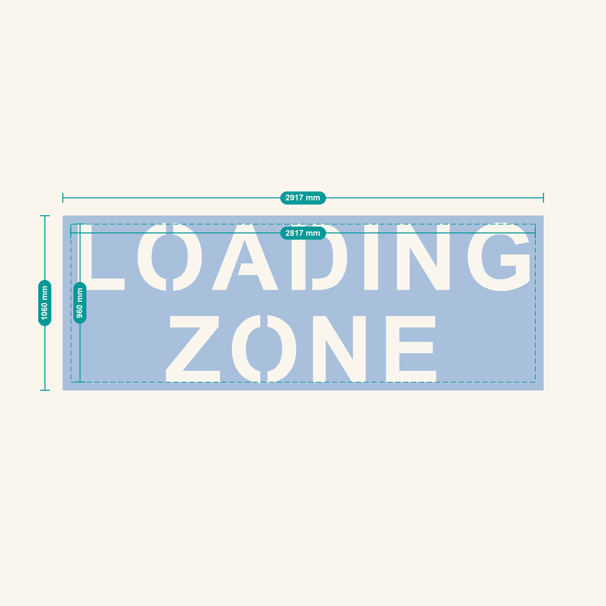 LOADING ZONE stencil, 400 mm letters — finished sheet 2917 × 1060 mm