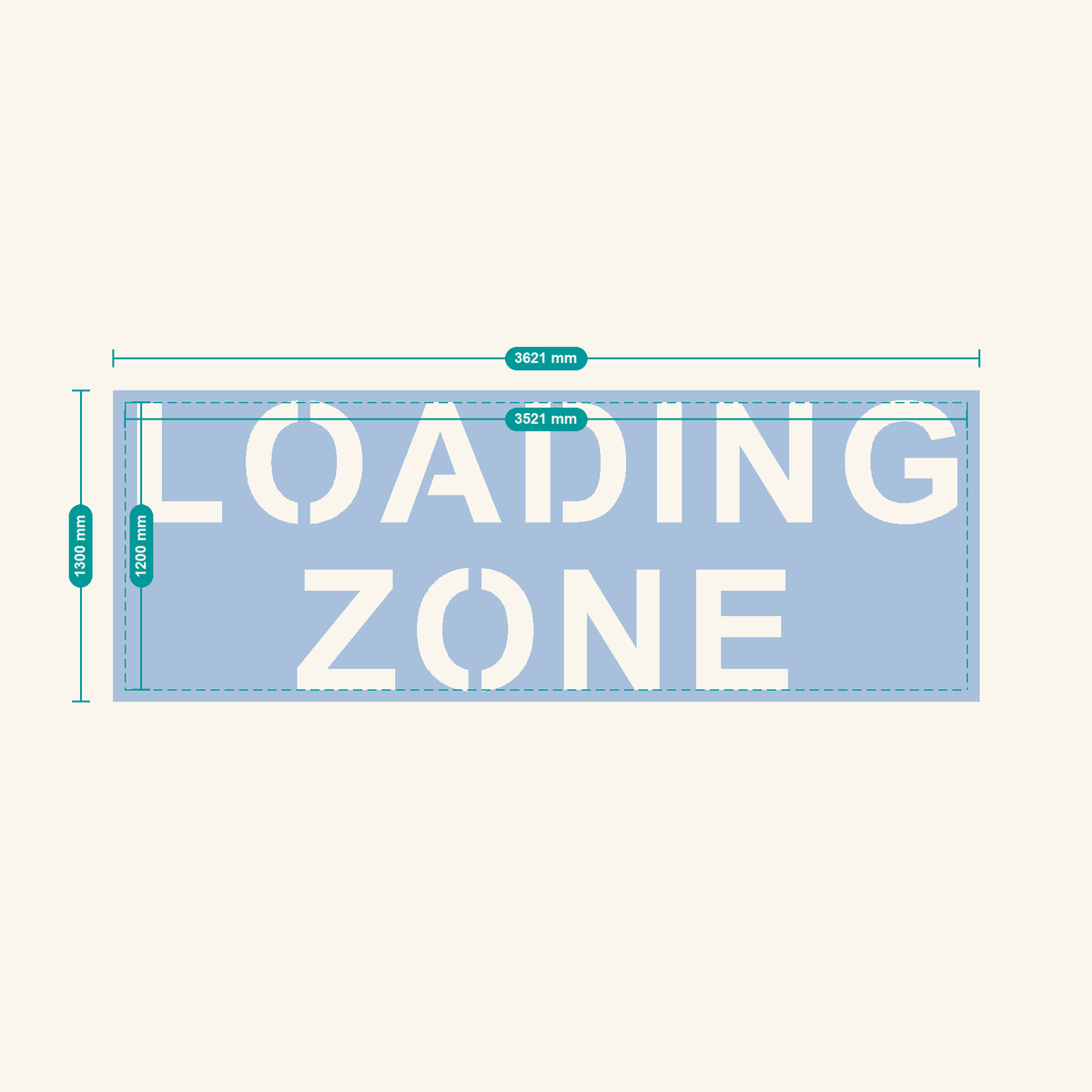 LOADING ZONE stencil, 500 mm letters — finished sheet 3621 × 1300 mm