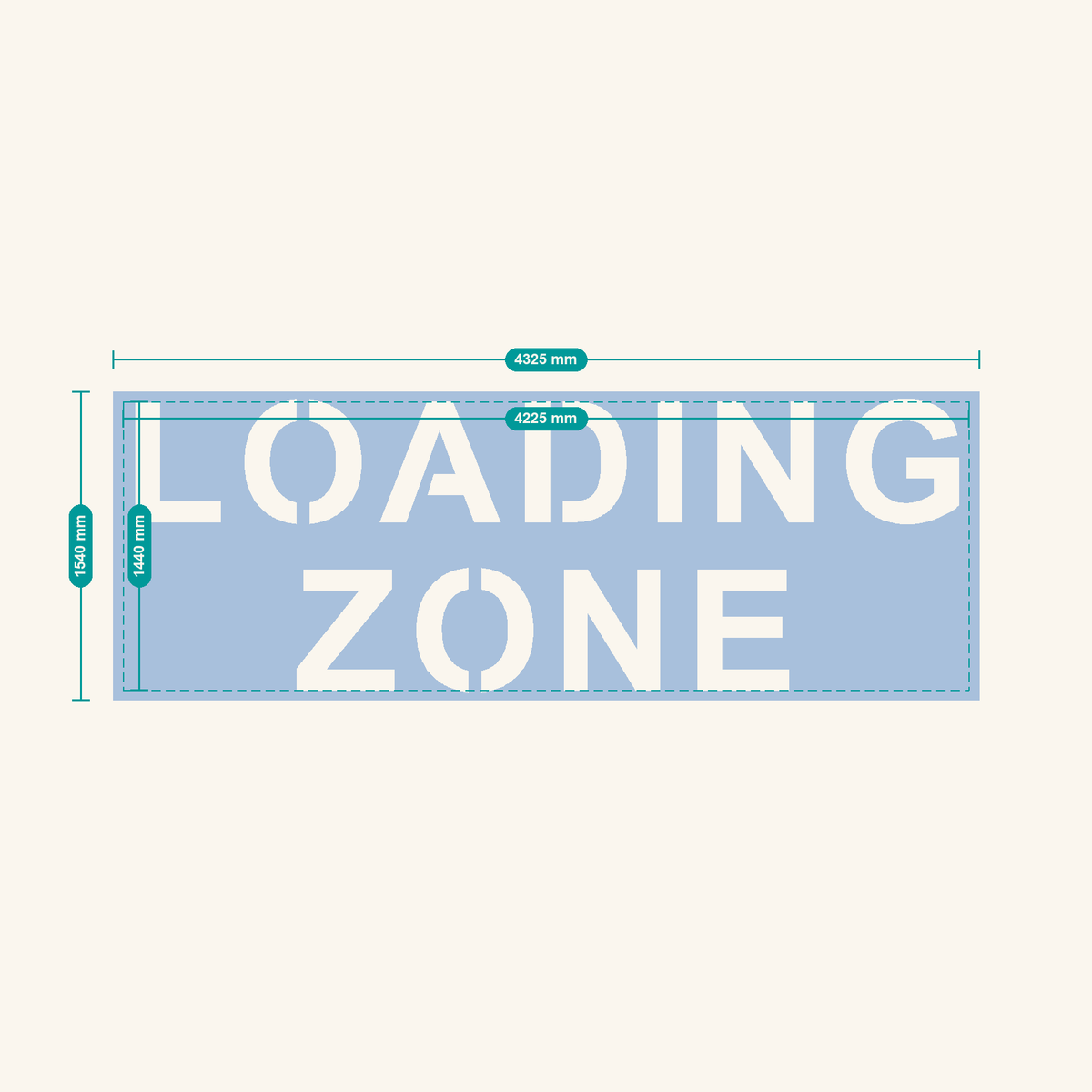 LOADING ZONE stencil, 600 mm letters — finished sheet 4325 × 1540 mm