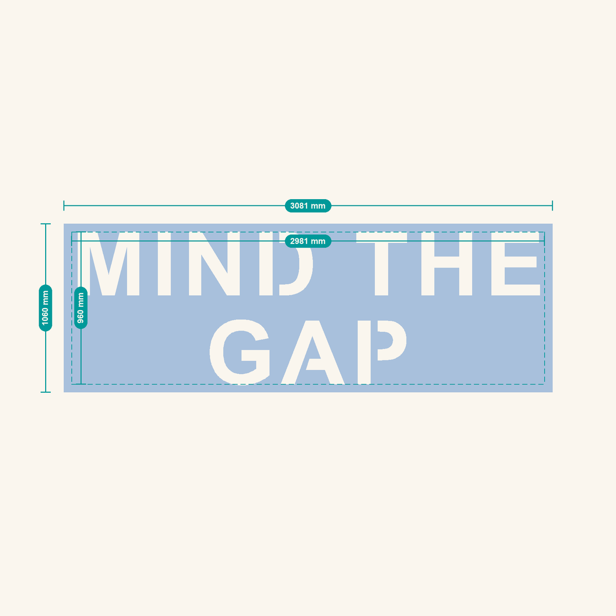 MIND THE GAP stencil, 400 mm letters — finished sheet 3081 × 1060 mm