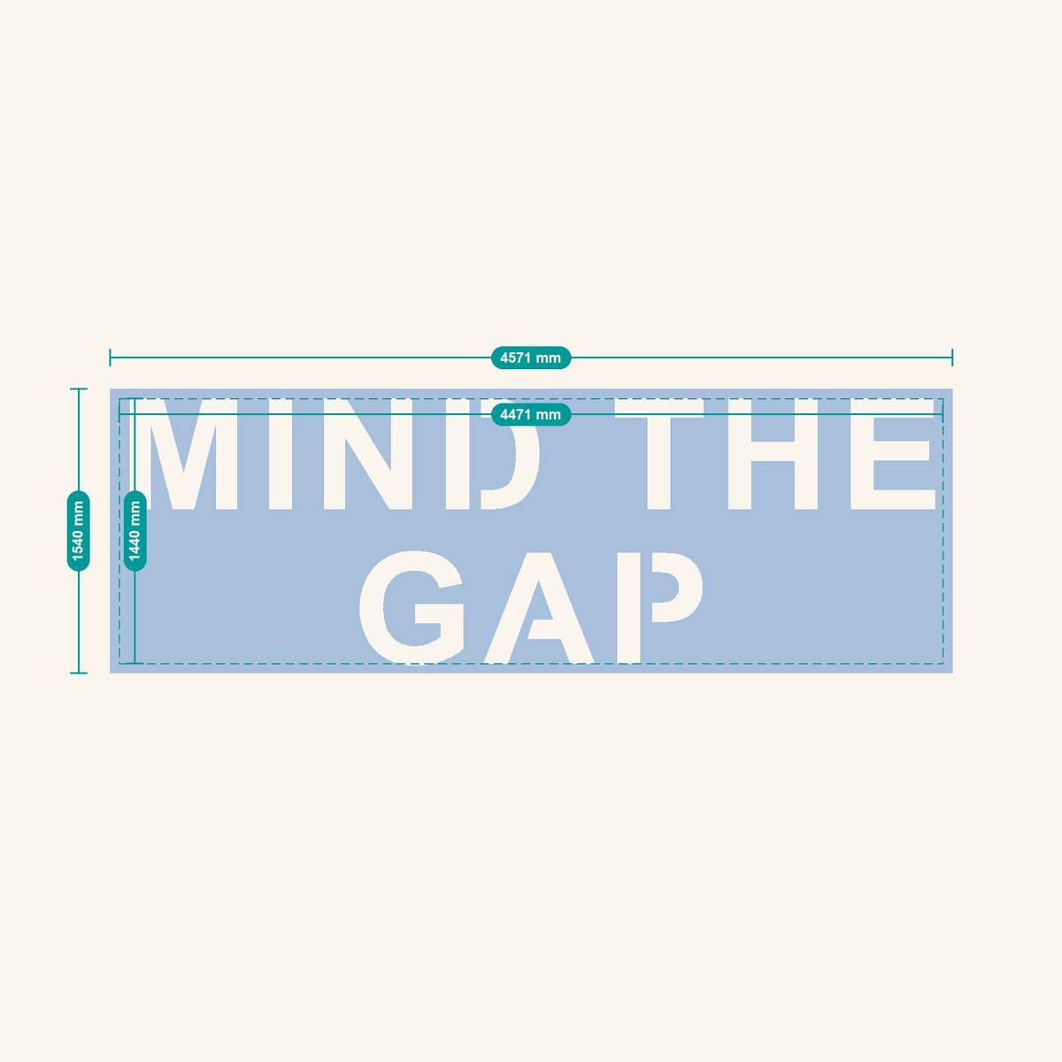 MIND THE GAP stencil, 600 mm letters — finished sheet 4571 × 1540 mm