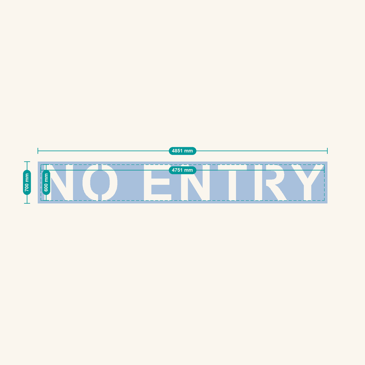 NO ENTRY stencil, 600 mm letters — finished sheet 4851 × 700 mm