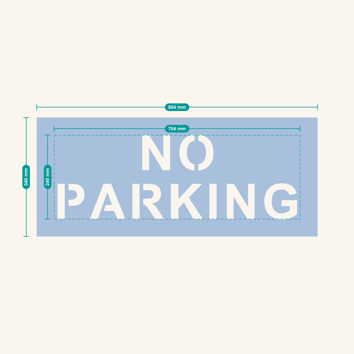 NO PARKING stencil, 100 mm letters — finished sheet 804 × 340 mm