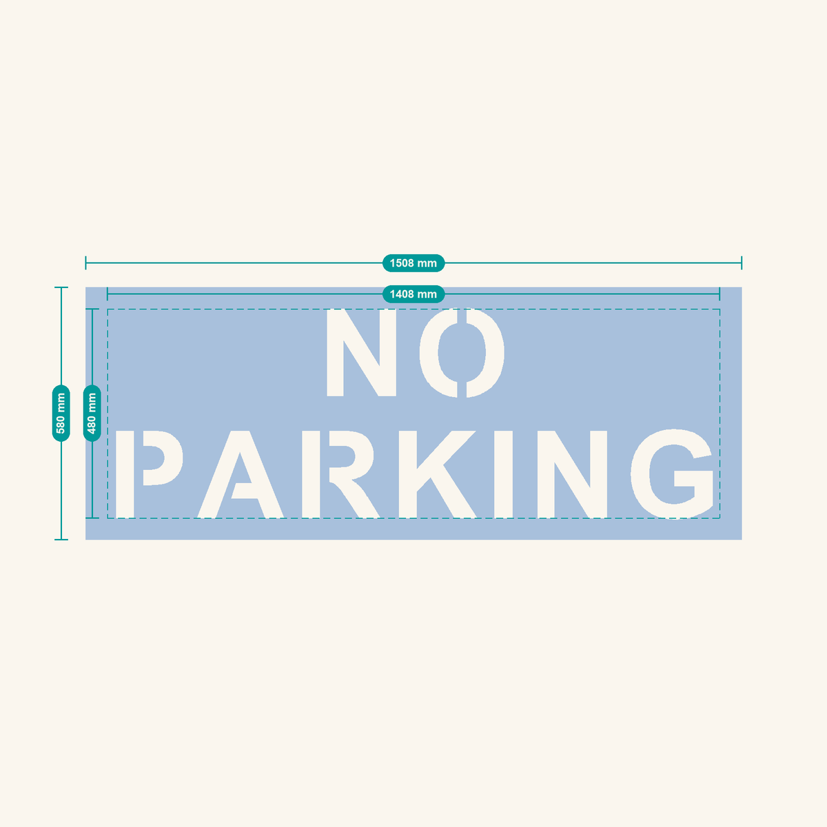 NO PARKING stencil, 200 mm letters — finished sheet 1508 × 580 mm