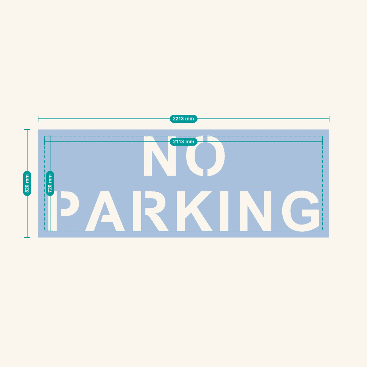 NO PARKING stencil, 300 mm letters — finished sheet 2213 × 820 mm