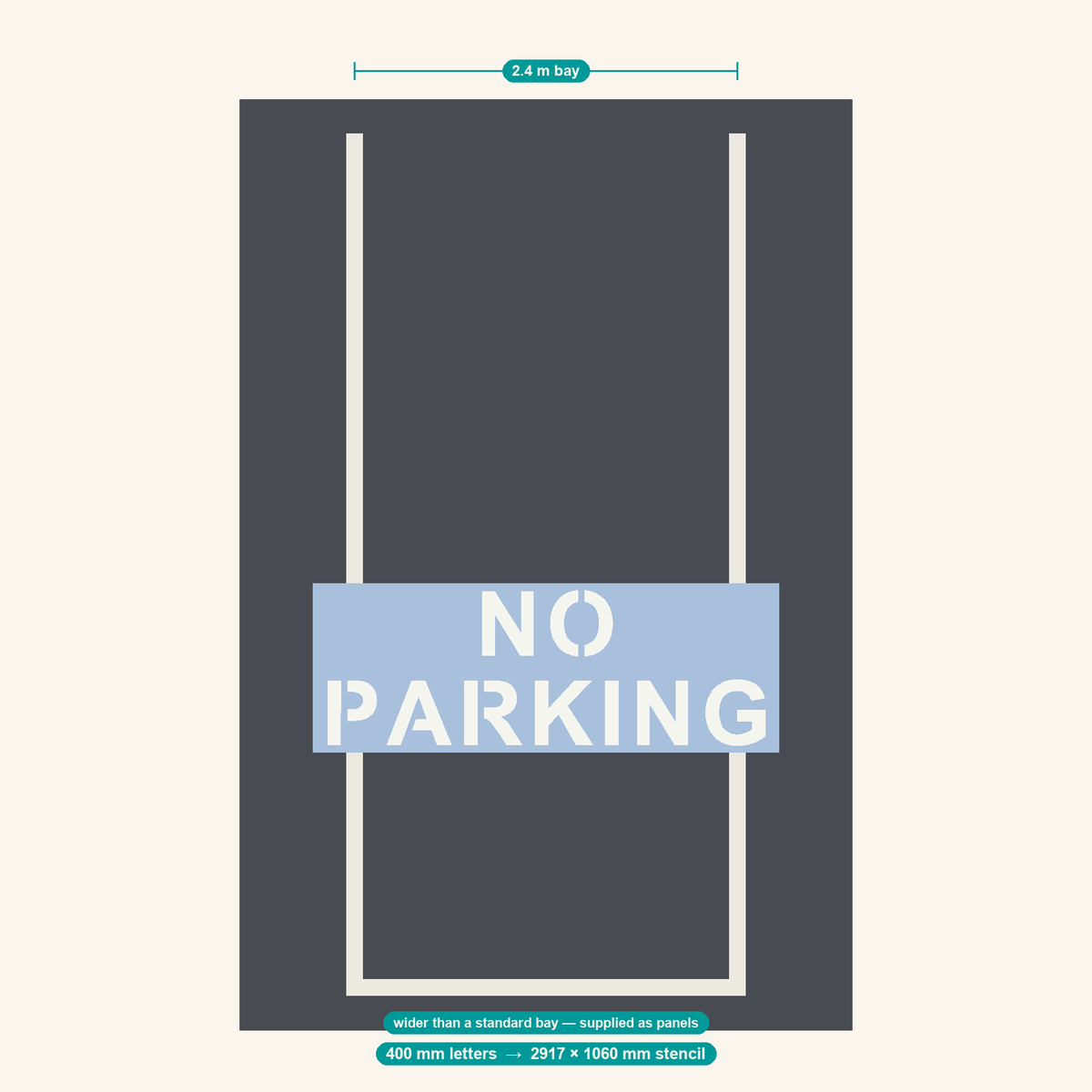 NO PARKING stencil at 400 mm letters shown to scale in a standard 2.4 m car park bay