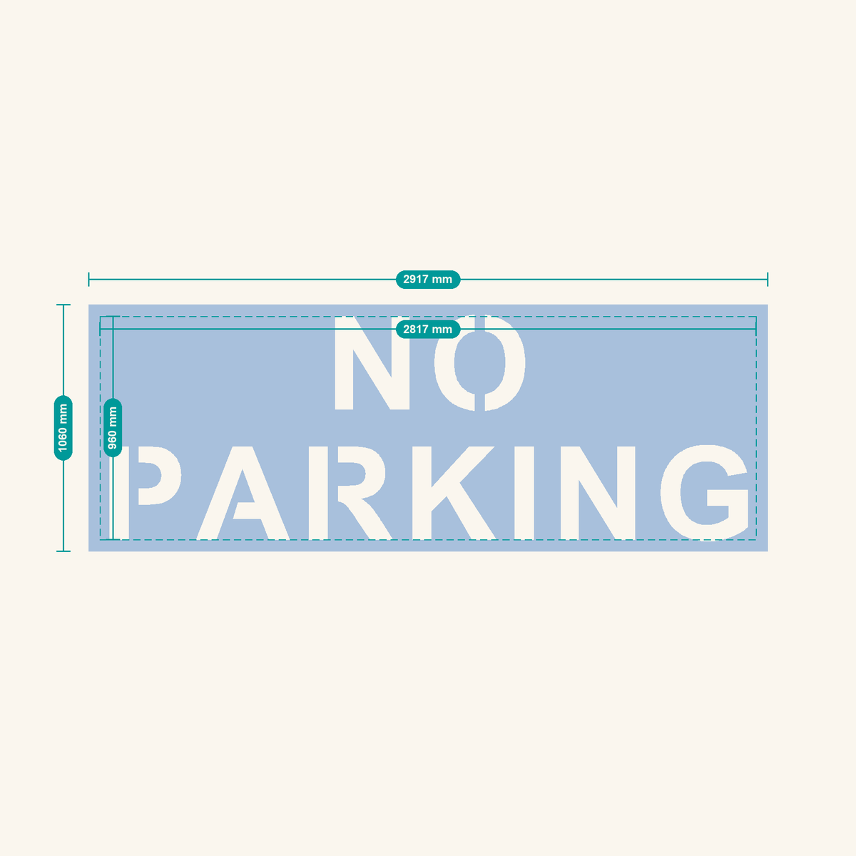NO PARKING stencil, 400 mm letters — finished sheet 2917 × 1060 mm