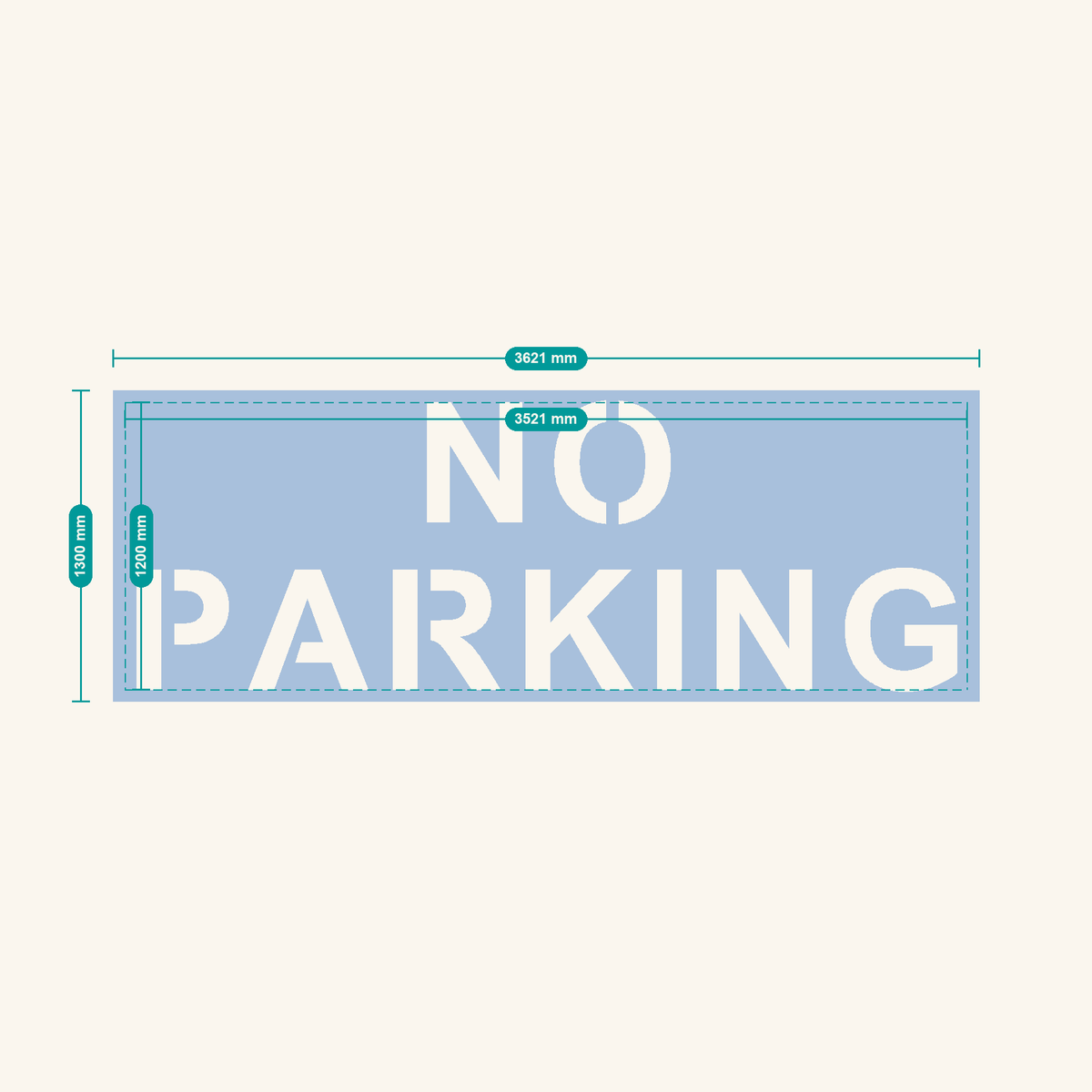 NO PARKING stencil, 500 mm letters — finished sheet 3621 × 1300 mm
