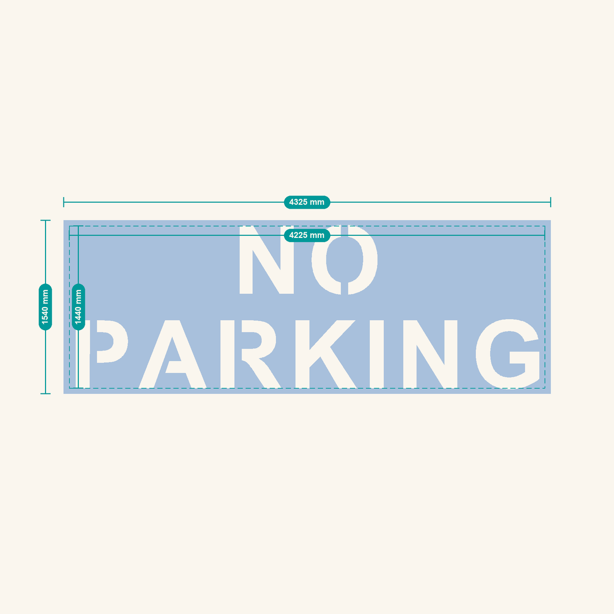 NO PARKING stencil, 600 mm letters — finished sheet 4325 × 1540 mm