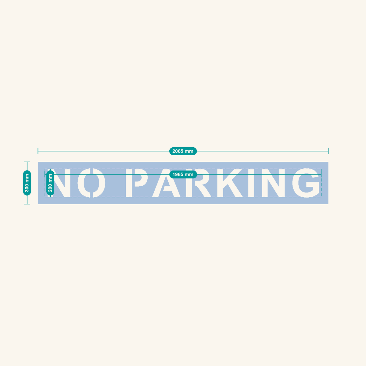 NO PARKING stencil, 200 mm letters — finished sheet 2065 × 300 mm