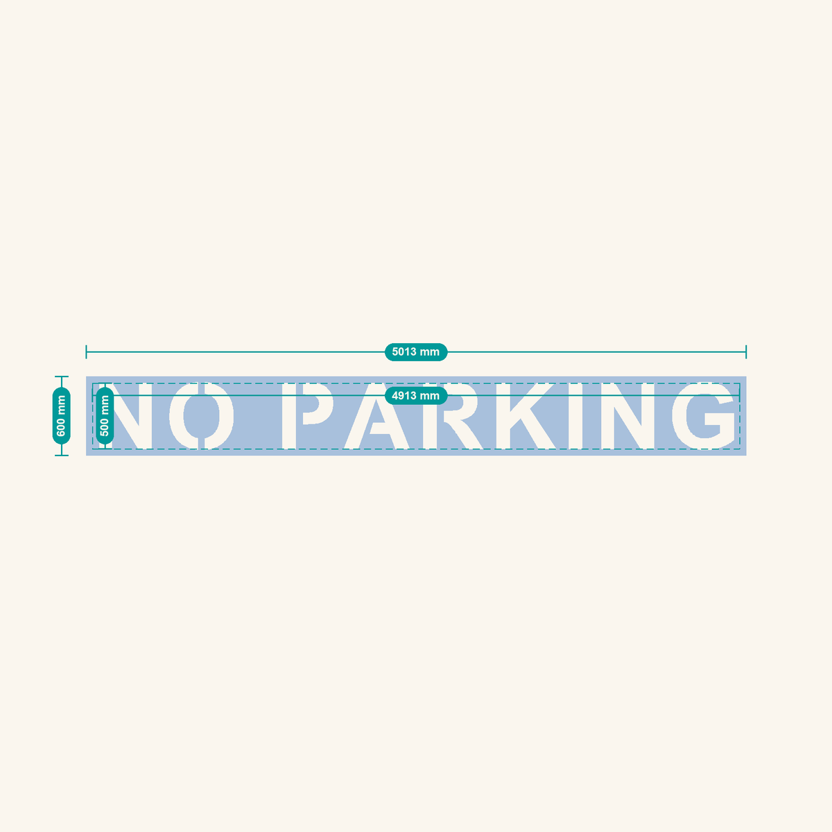 NO PARKING stencil, 500 mm letters — finished sheet 5013 × 600 mm